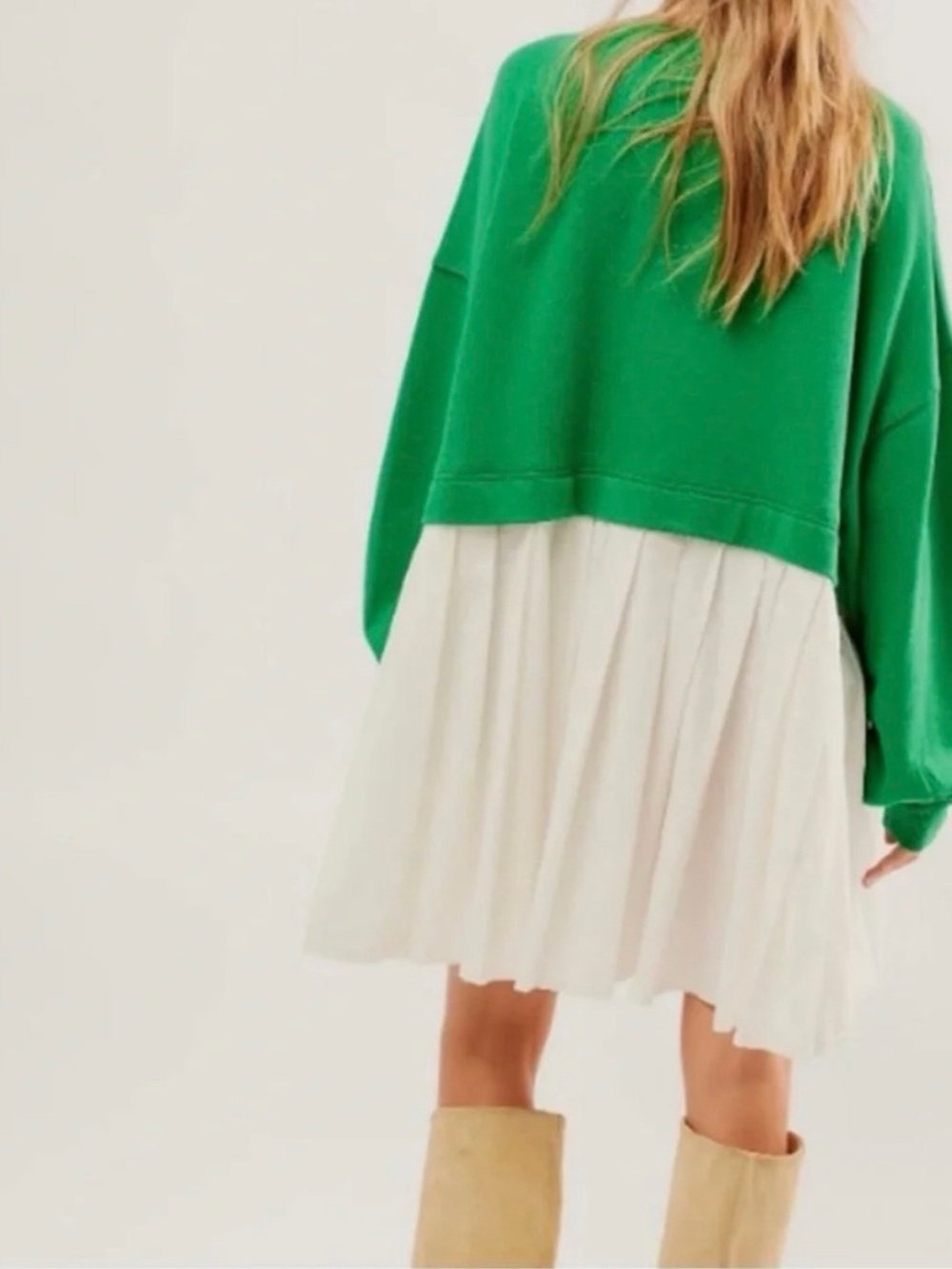 Free People Dress Size XL Green White Mixed Media Sweatshirt Tunic Boho Oversize - Picture 2 of 9